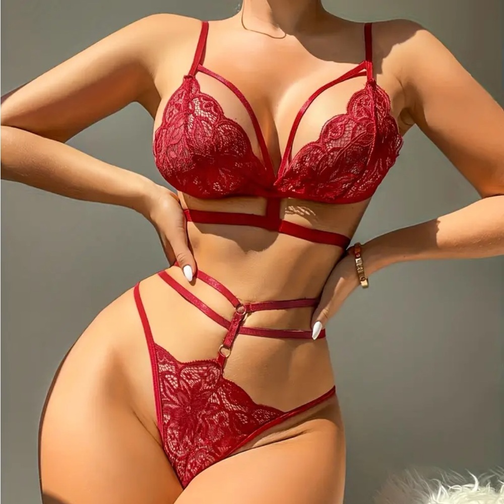 Scarlet Red Strappy Lace Panty Set
